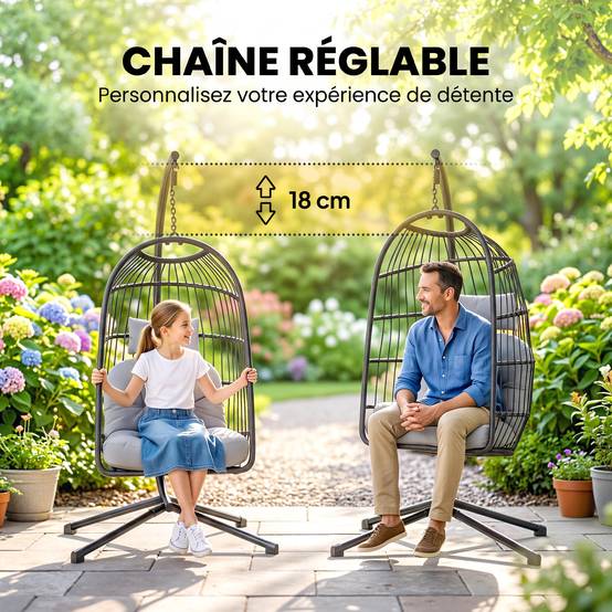 Chaise œuf suspendue avec support et ceinture sécurité, 105x101x196cm, noir gris clair - Image 9