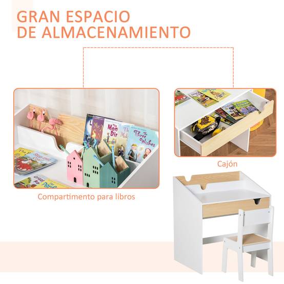 Bureau enfant avec chaise pour les 3-6 ans, avec tiroir et étagère, 70 x 50 x 75 cm, blanc et naturel - Image 7