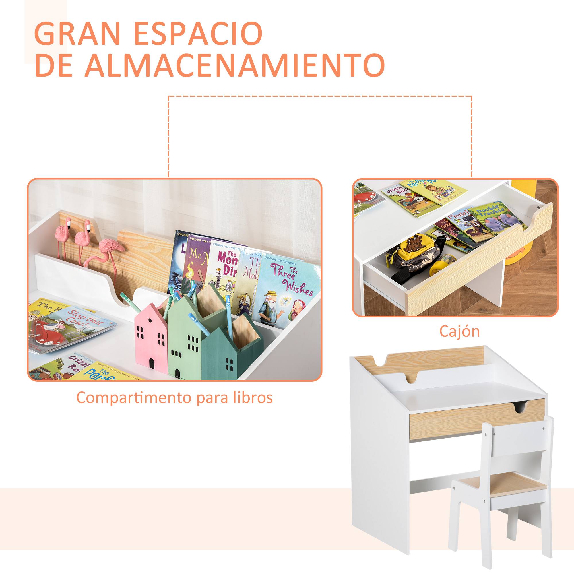 Bureau enfant avec chaise pour les 3-6 ans, avec tiroir et étagère, 70 x 50 x 75 cm, blanc et naturel - Image 7