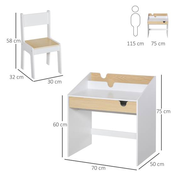 Bureau enfant avec chaise pour les 3-6 ans, avec tiroir et étagère, 70 x 50 x 75 cm, blanc et naturel - Image 5