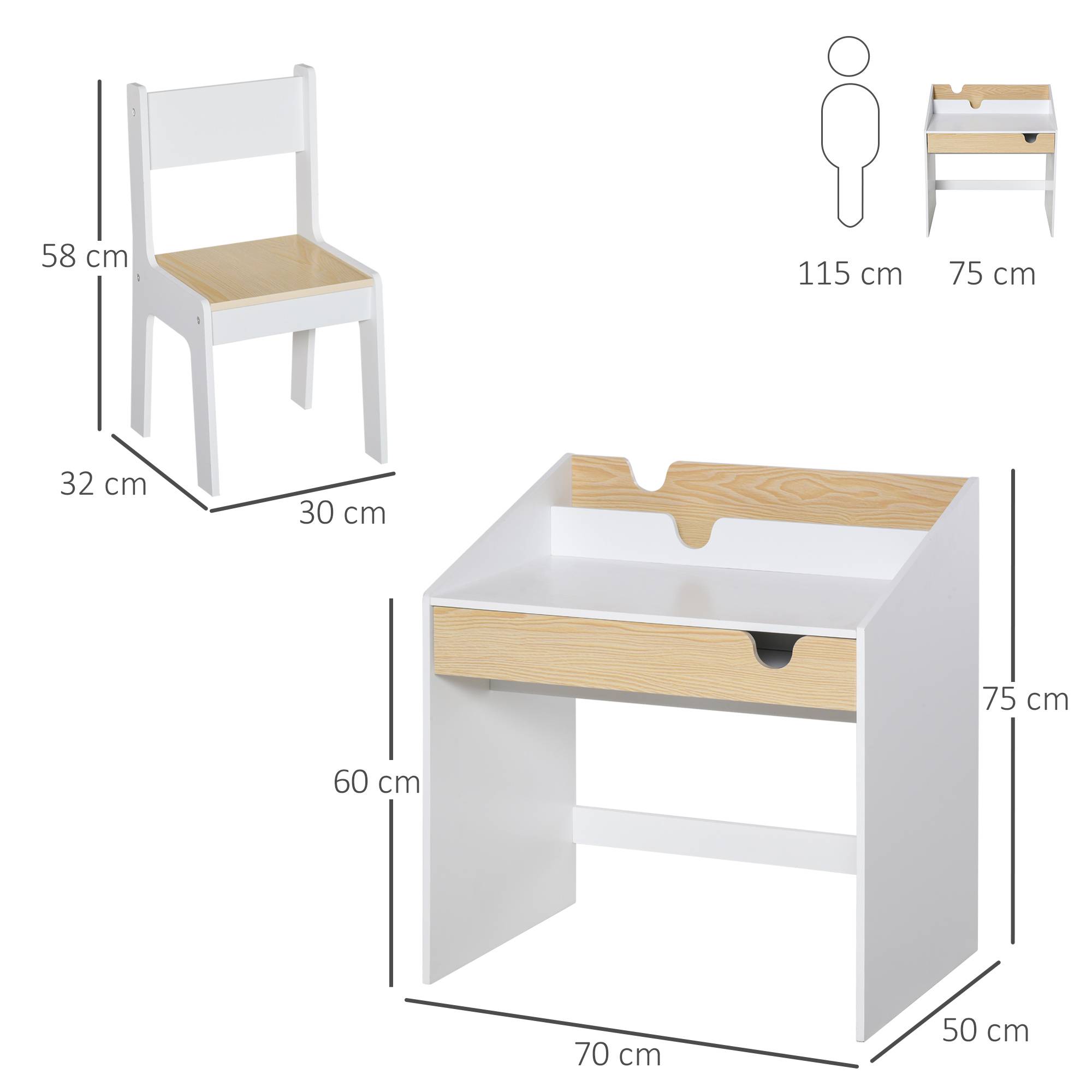 Bureau enfant avec chaise pour les 3-6 ans, avec tiroir et étagère, 70 x 50 x 75 cm, blanc et naturel - Image 5