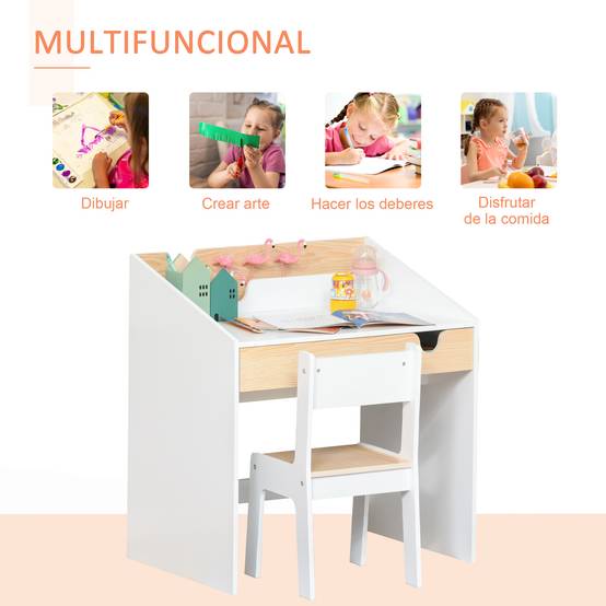 Bureau enfant avec chaise pour les 3-6 ans, avec tiroir et étagère, 70 x 50 x 75 cm, blanc et naturel - Image 6
