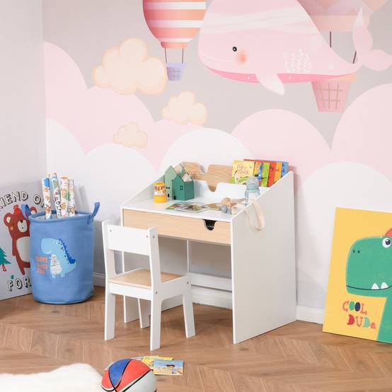 Bureau enfant avec chaise pour les 3-6 ans, avec tiroir et étagère, 70 x 50 x 75 cm, blanc et naturel - Image 3