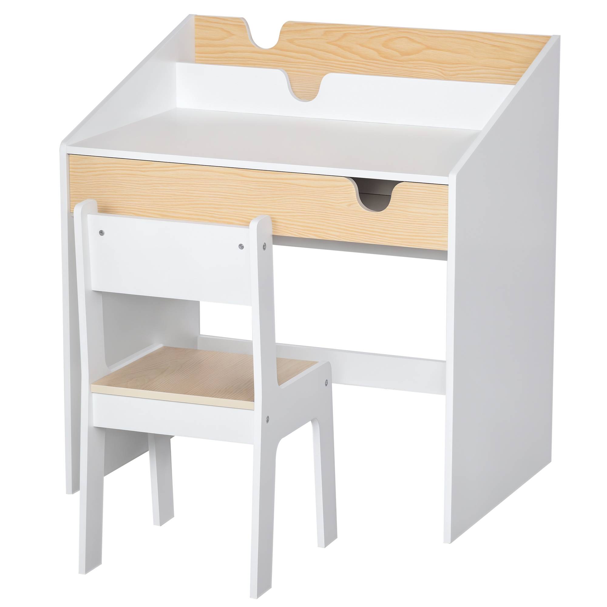 Bureau enfant avec chaise pour les 3-6 ans, avec tiroir et étagère, 70 x 50 x 75 cm, blanc et naturel - Image 1