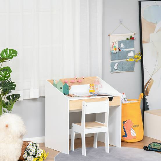Bureau enfant avec chaise pour les 3-6 ans, avec tiroir et étagère, 70 x 50 x 75 cm, blanc et naturel - Image 4