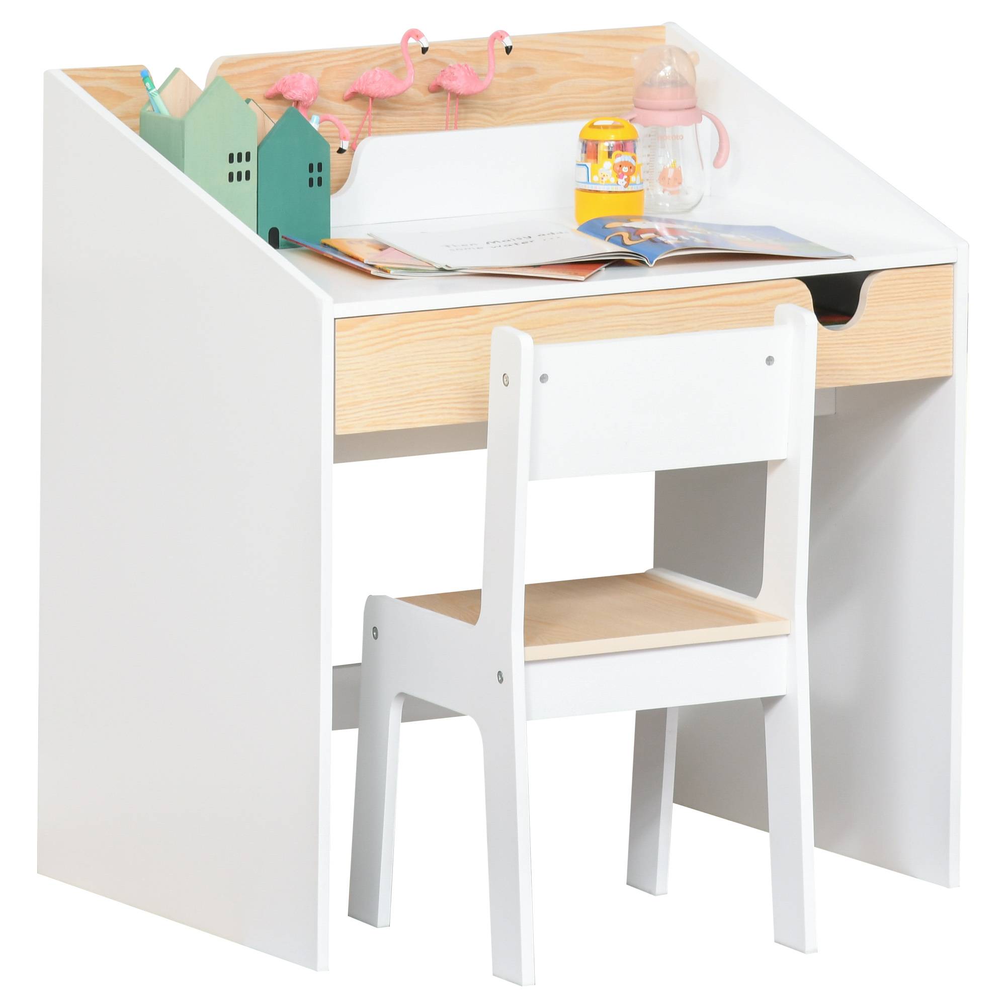 Bureau enfant avec chaise pour les 3-6 ans, avec tiroir et étagère, 70 x 50 x 75 cm, blanc et naturel - Image 2