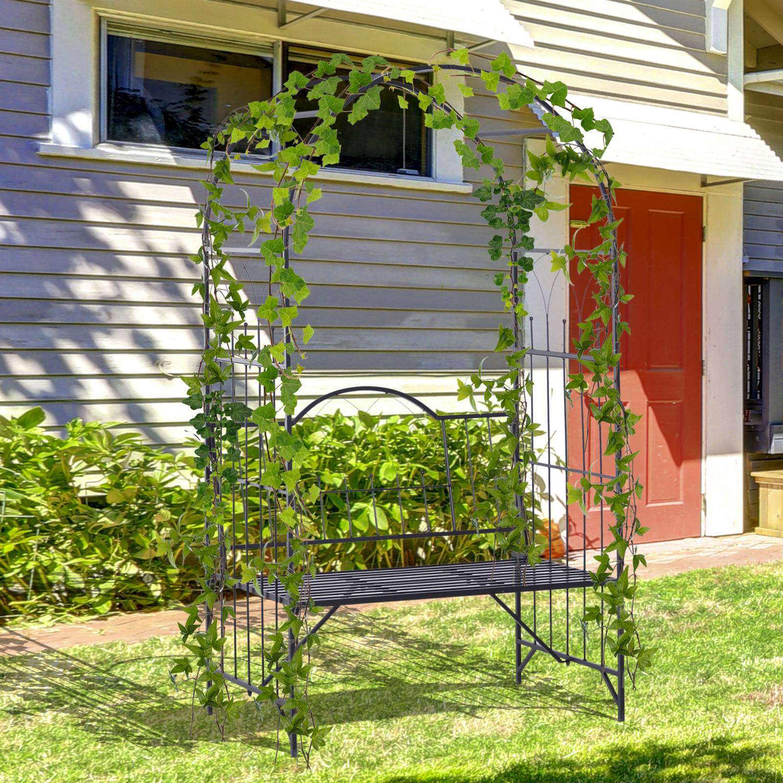 Outsunny - Arche à rosiers banc de jardin 2 places 2 en 1 dim. 115L x 59l x 203H cm métal époxy noir - Outsunny - Imagen 4