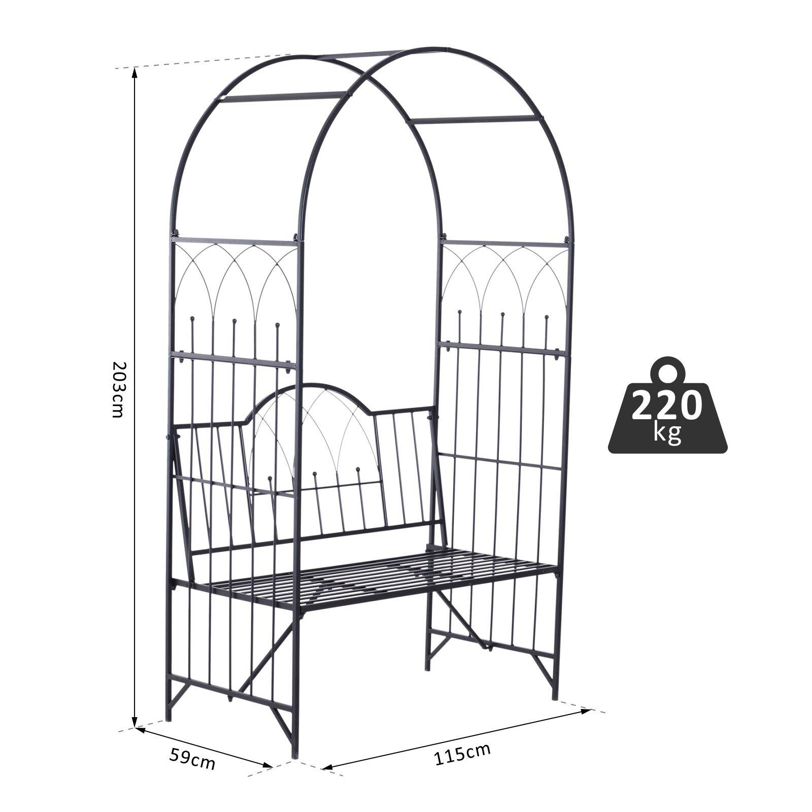 Outsunny - Arche à rosiers banc de jardin 2 places 2 en 1 dim. 115L x 59l x 203H cm métal époxy noir - Outsunny - Imagen 3