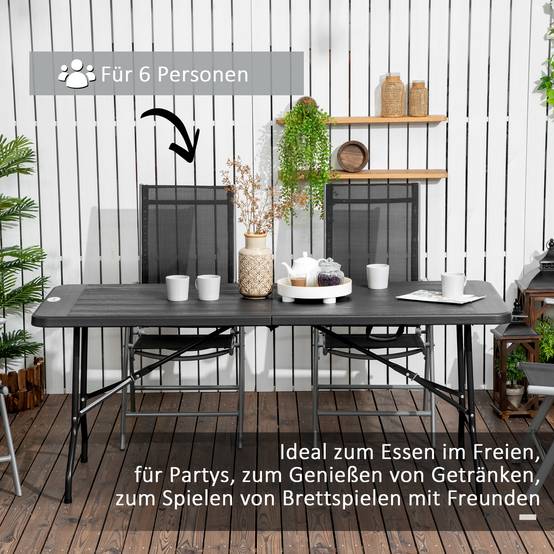 Table de jardin pliable aspect bois pour 6 personnes, résistante aux intempéries extérieur, gris foncé 180x75,5x73 cm - Image 4