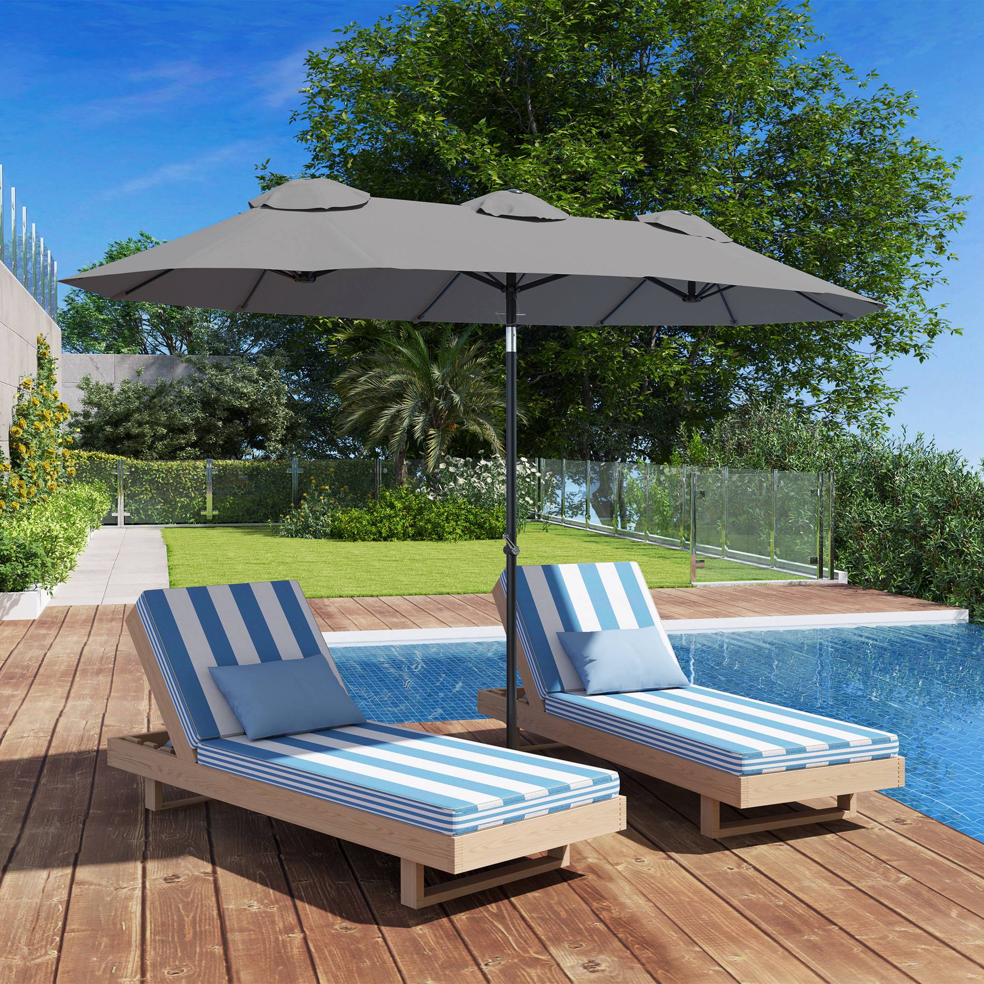 Parasol de jardin double grande taille ouverture fermeture manivelle acier polyester 295 x 152 x 222 cm gris - Image 3