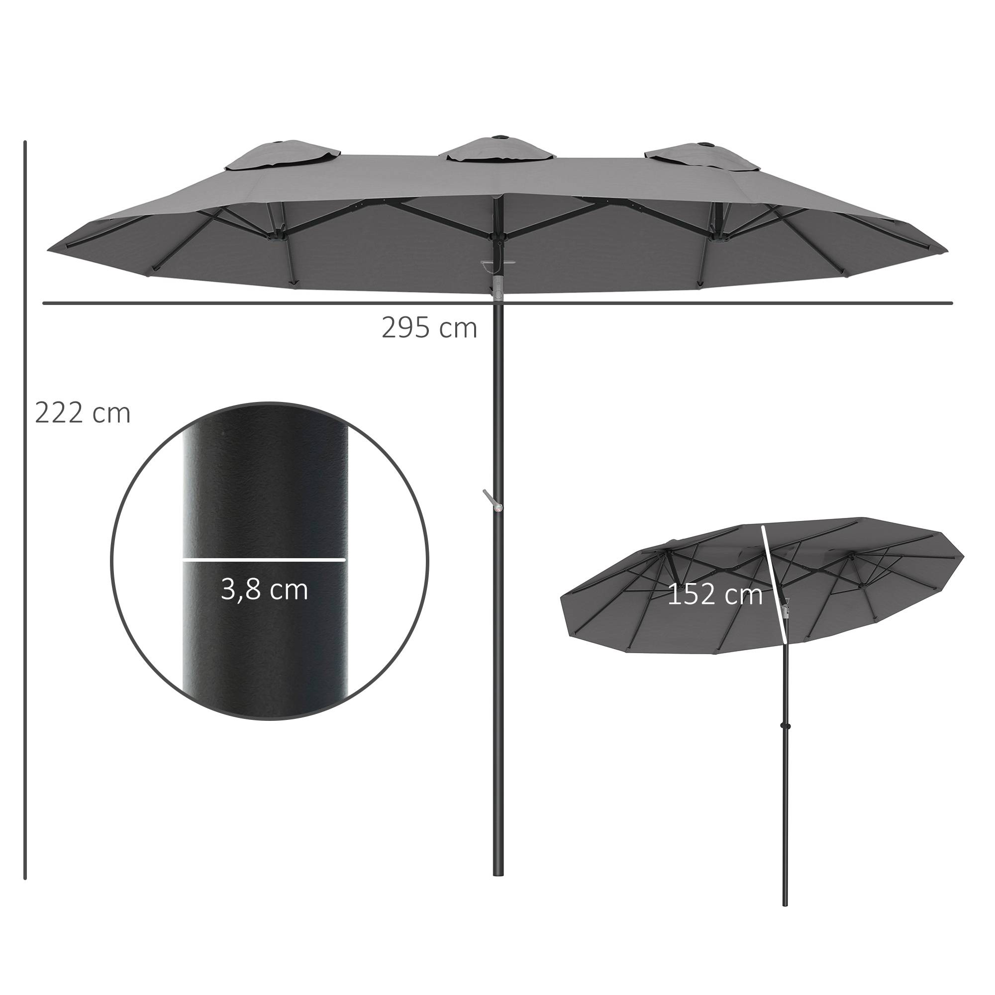 Parasol de jardin double grande taille ouverture fermeture manivelle acier polyester 295 x 152 x 222 cm gris - Image 5