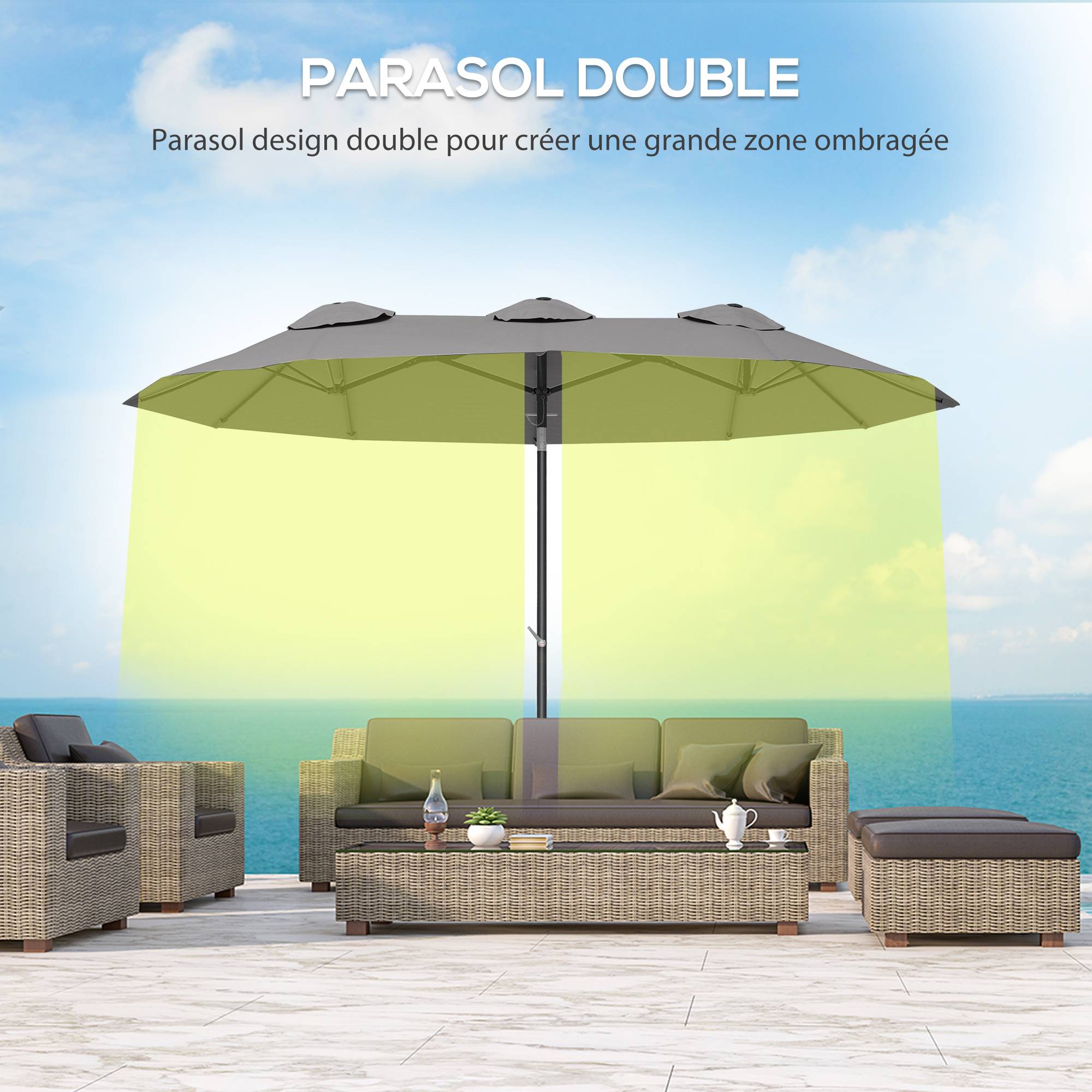 Parasol de jardin double grande taille ouverture fermeture manivelle acier polyester 295 x 152 x 222 cm gris - Image 7