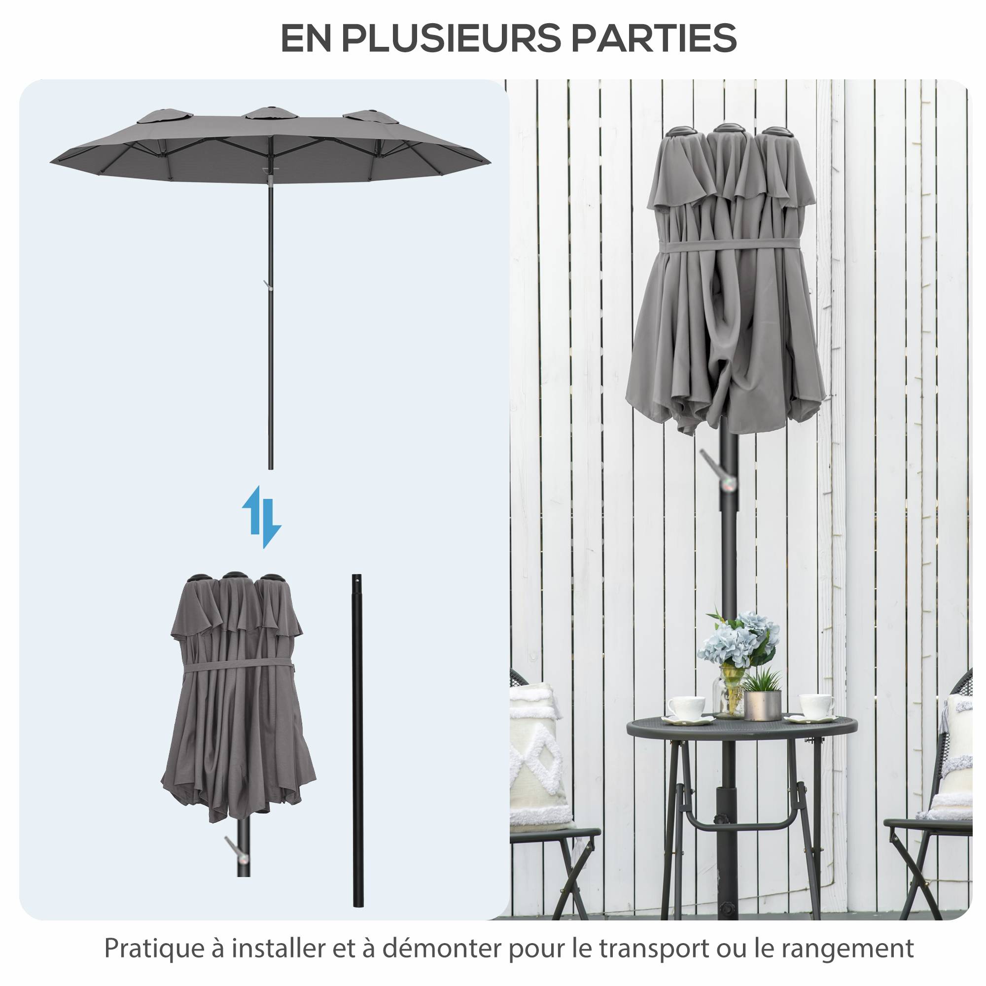 Parasol de jardin double grande taille ouverture fermeture manivelle acier polyester 295 x 152 x 222 cm gris - Image 10