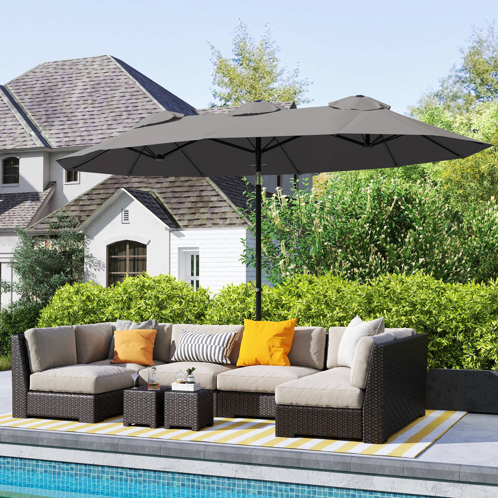 Parasol de jardin double grande taille ouverture fermeture manivelle acier polyester 295 x 152 x 222 cm gris - Image 4