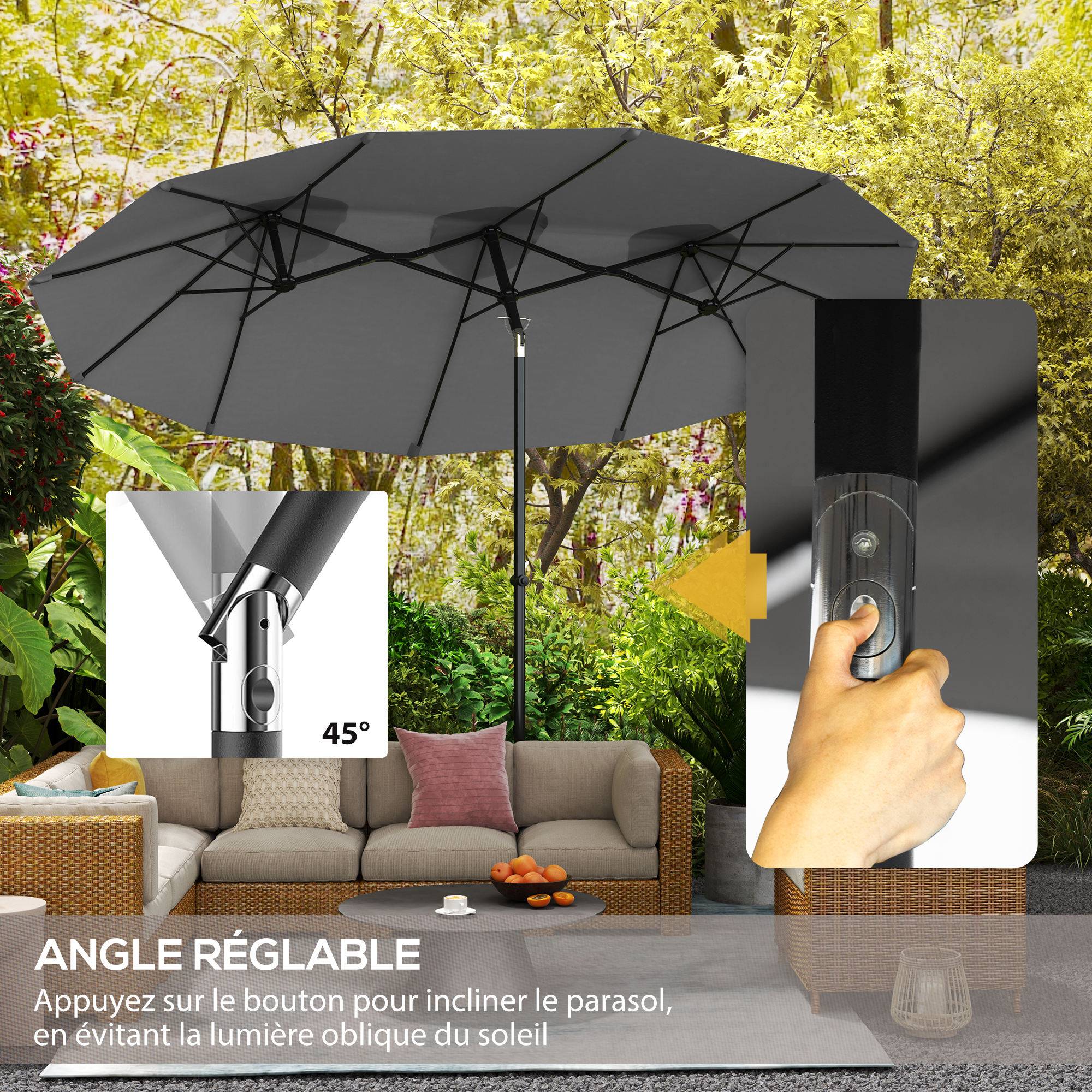 Parasol de jardin double grande taille ouverture fermeture manivelle acier polyester 295 x 152 x 222 cm gris - Image 6