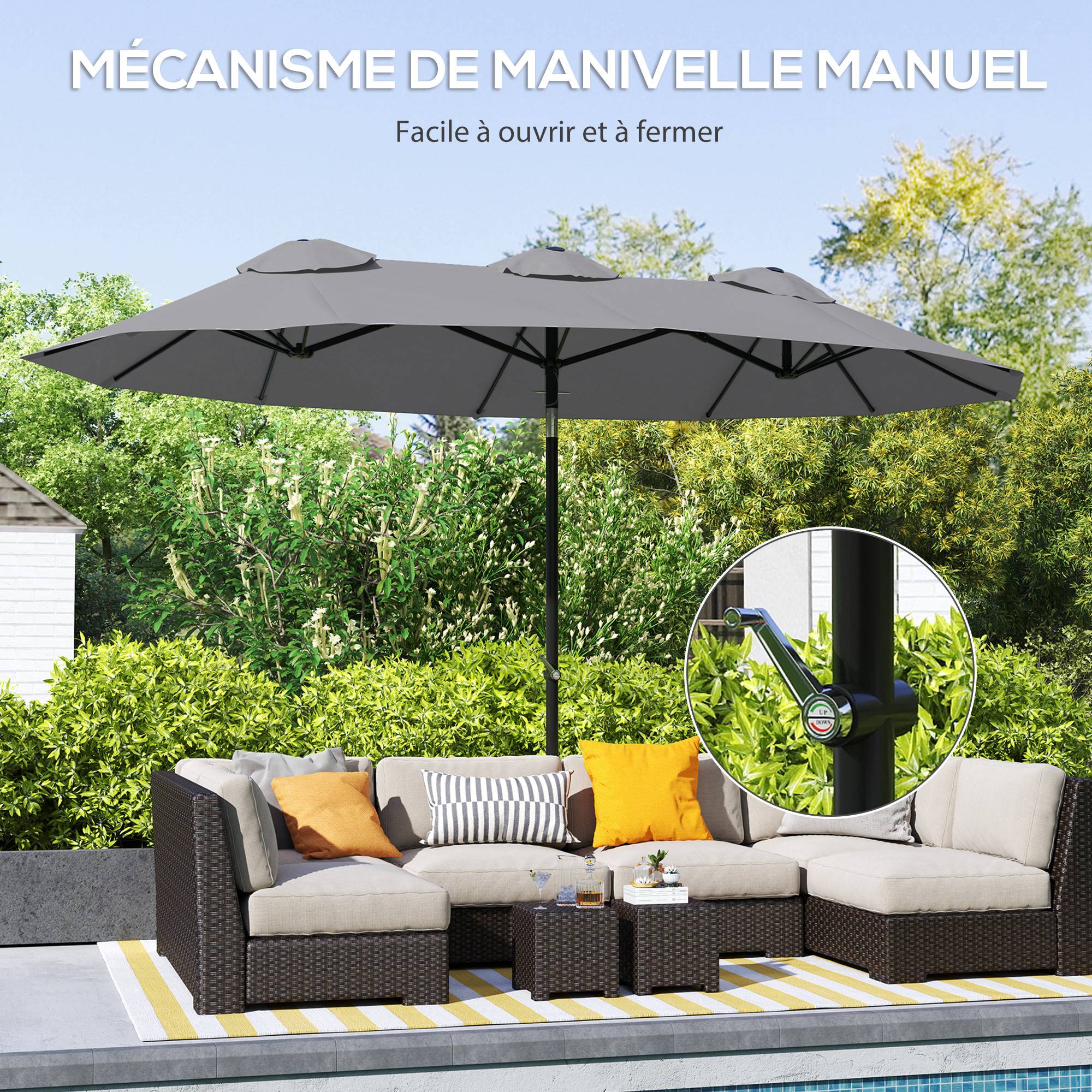 Parasol de jardin double grande taille ouverture fermeture manivelle acier polyester 295 x 152 x 222 cm gris - Image 8