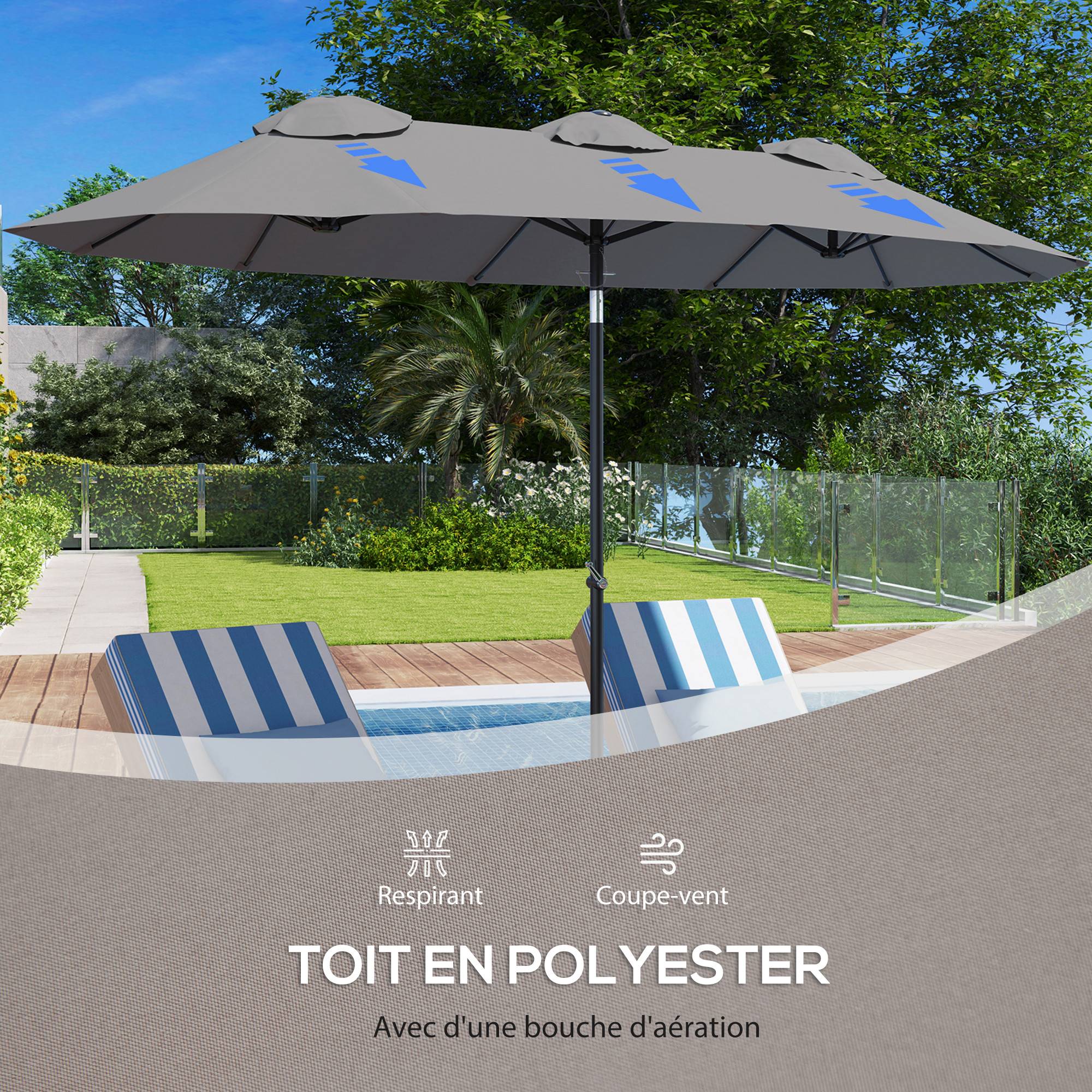 Parasol de jardin double grande taille ouverture fermeture manivelle acier polyester 295 x 152 x 222 cm gris - Image 9