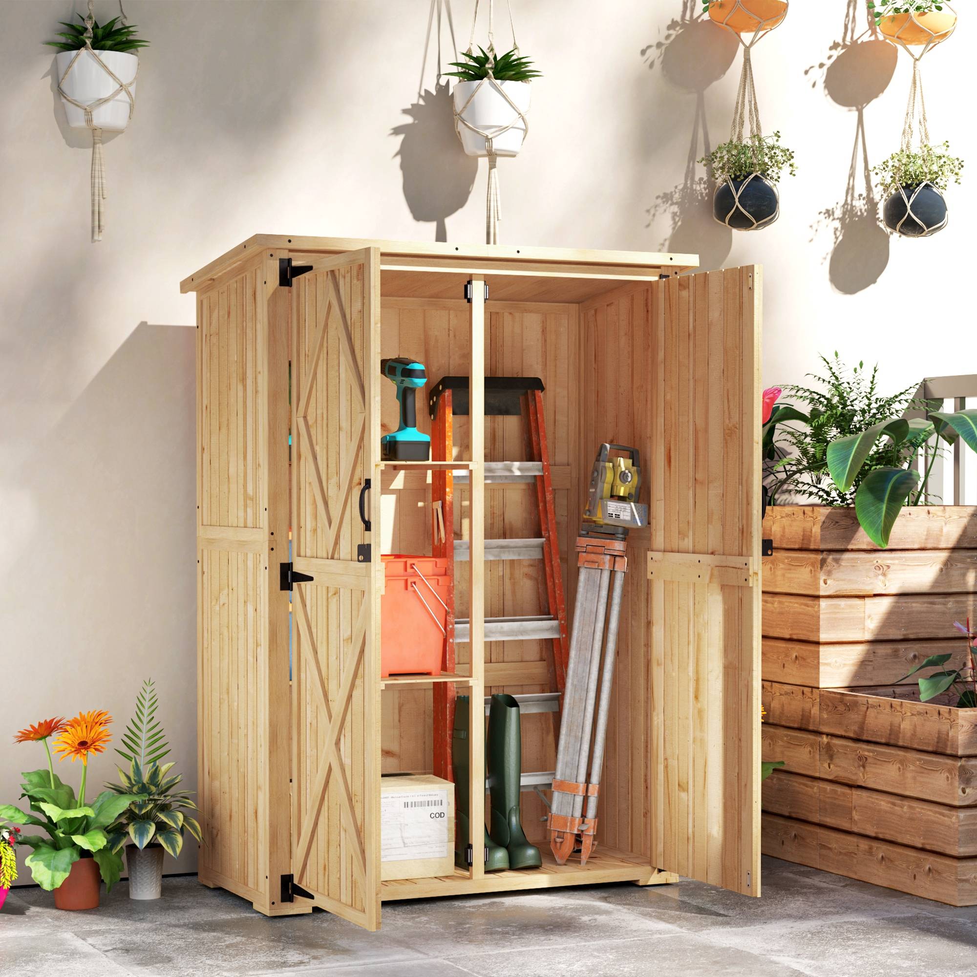 Abri de jardin en bois pour outils et matériel, toit en asphalte, double porte, épicéa, brun clair - Image 3