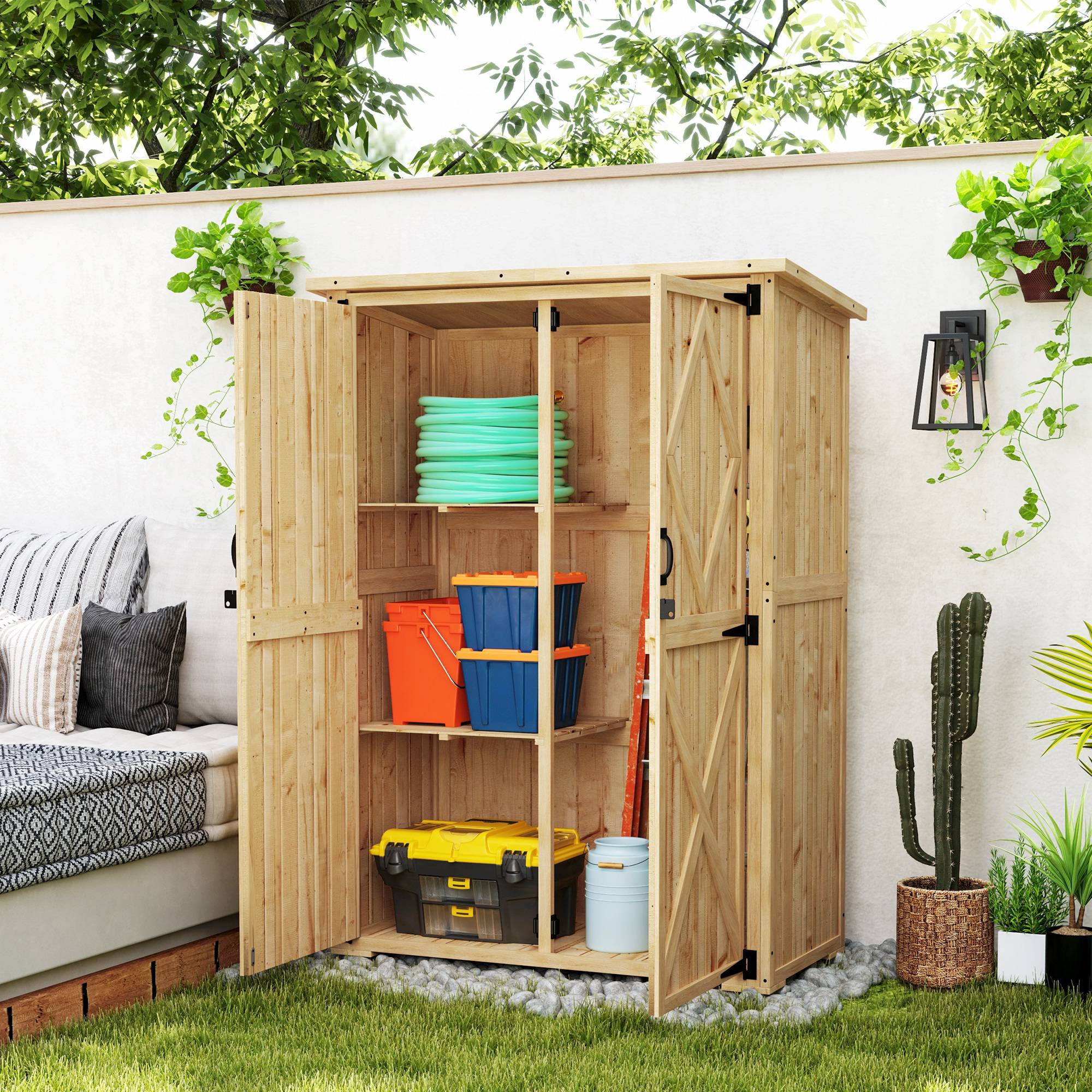 Abri de jardin en bois pour outils et matériel, toit en asphalte, double porte, épicéa, brun clair - Image 4