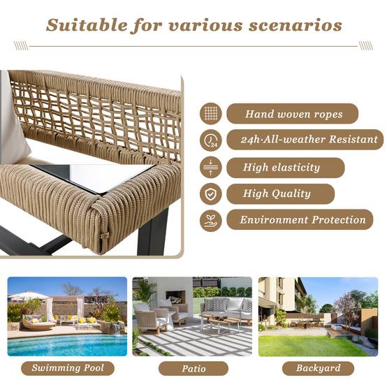 Salon de jardin 4 places corde tissée acier pour terrasse avec coussins déhoussables beige - ComfortXL Outdoor Living - Image 6