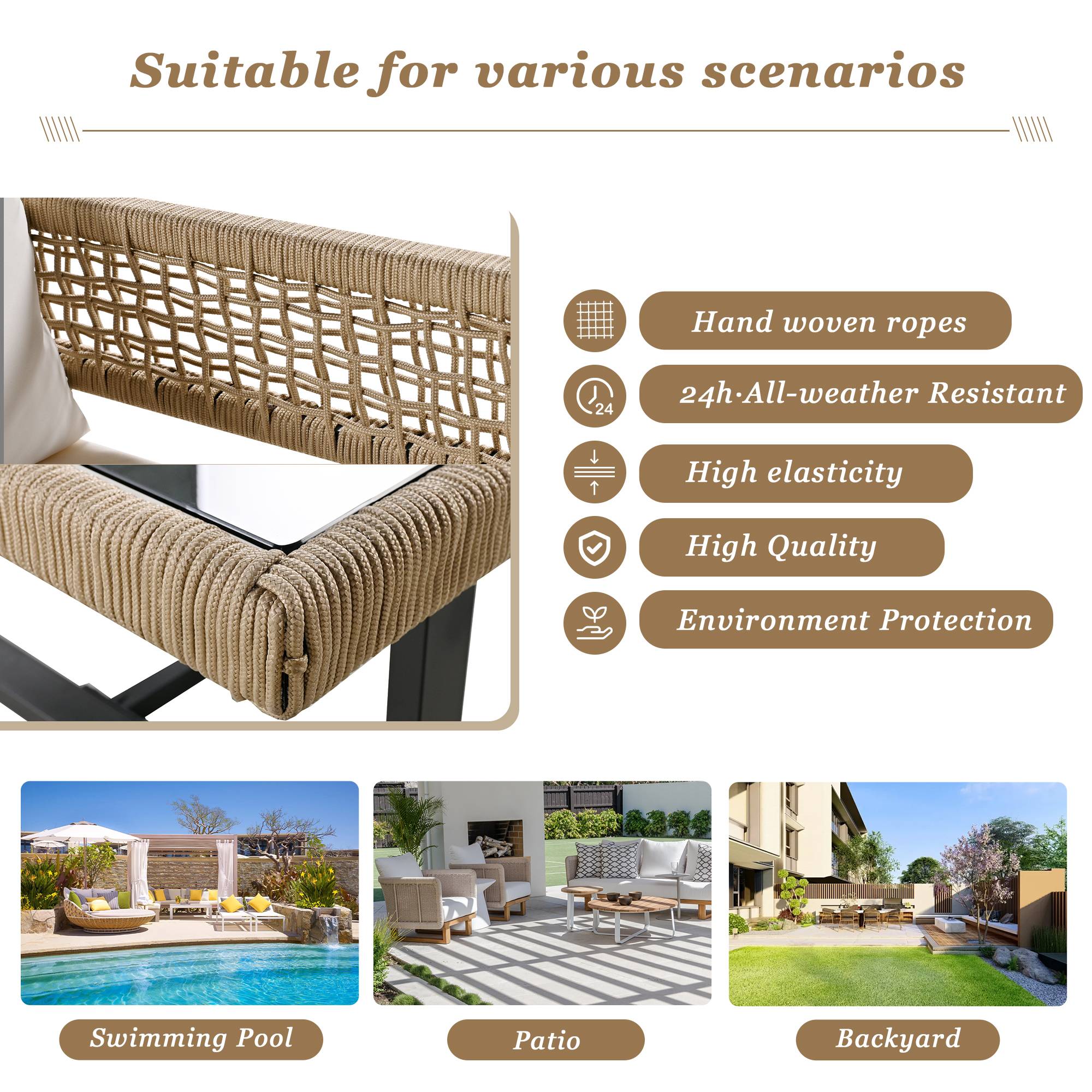 Salon de jardin 4 places corde tissée acier pour terrasse avec coussins déhoussables beige - ComfortXL Outdoor Living - Image 6