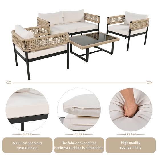 Salon de jardin 4 places corde tissée acier pour terrasse avec coussins déhoussables beige - ComfortXL Outdoor Living - Image 5