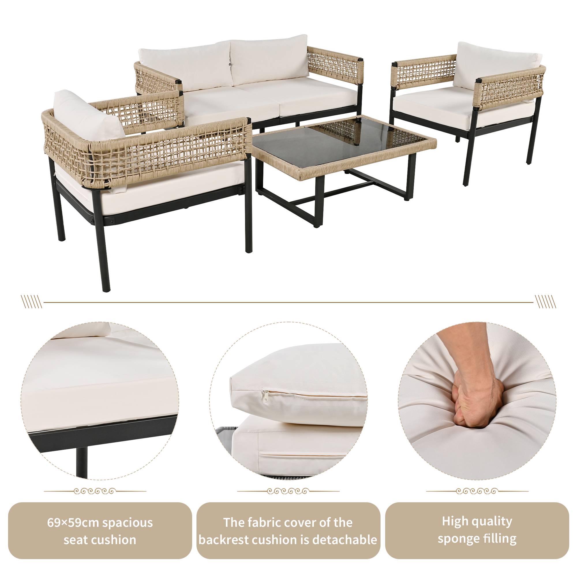 Salon de jardin 4 places corde tissée acier pour terrasse avec coussins déhoussables beige - ComfortXL Outdoor Living - Image 5