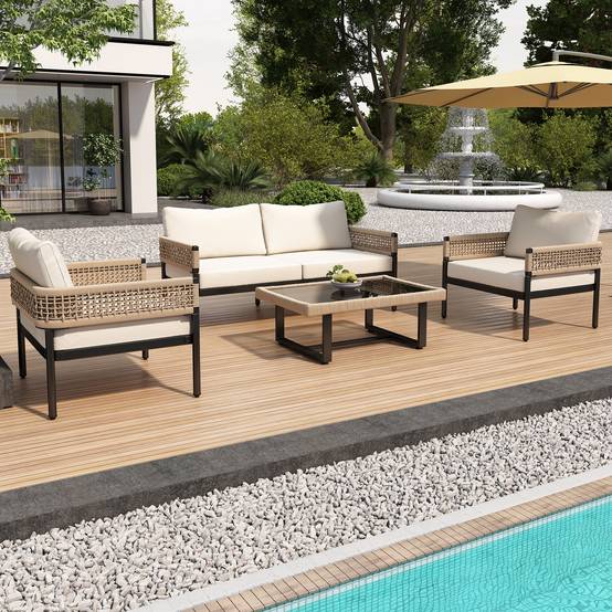 Salon de jardin 4 places corde tissée acier pour terrasse avec coussins déhoussables beige - ComfortXL Outdoor Living - Image 1