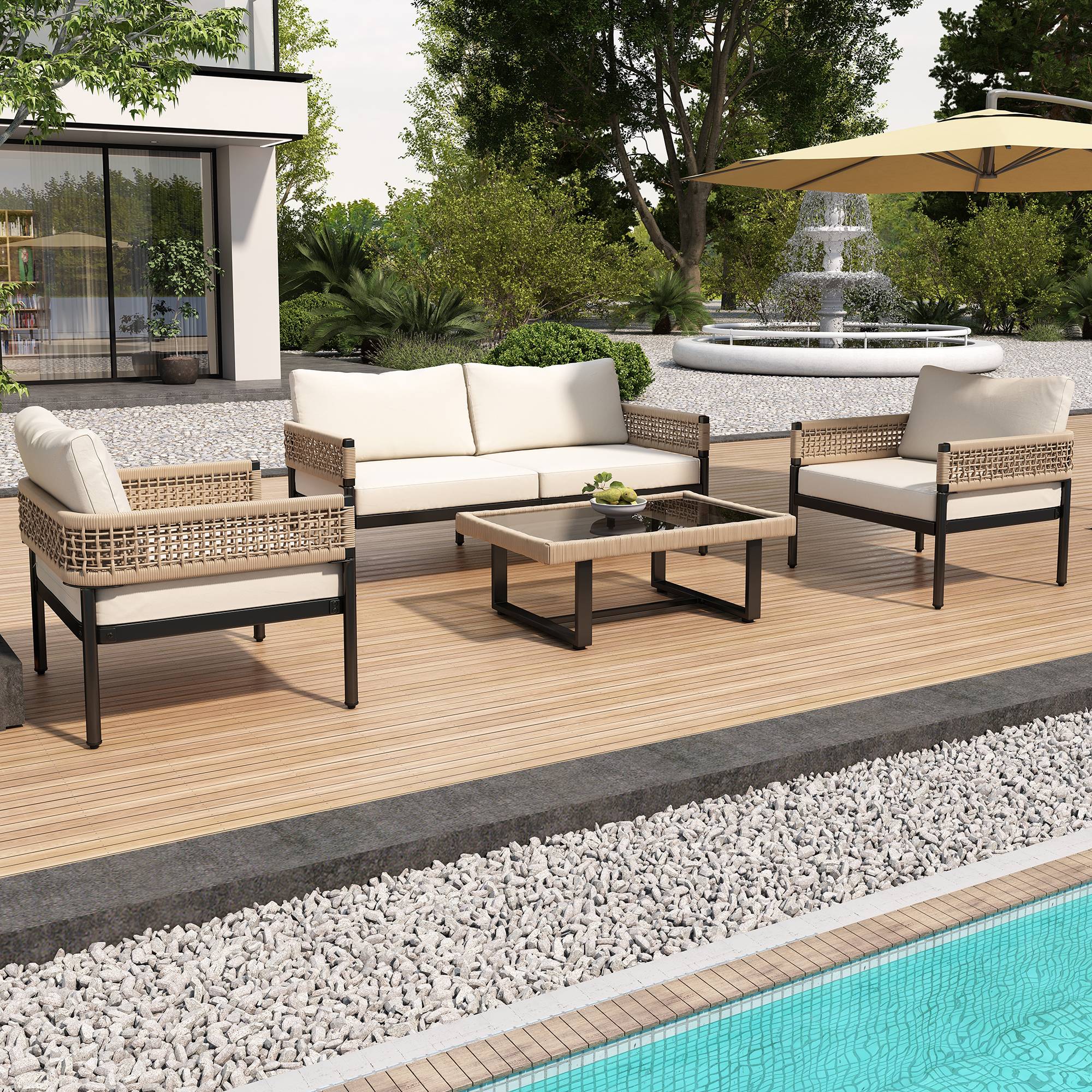 Salon de jardin 4 places corde tissée acier pour terrasse avec coussins déhoussables beige - ComfortXL Outdoor Living - Image 1