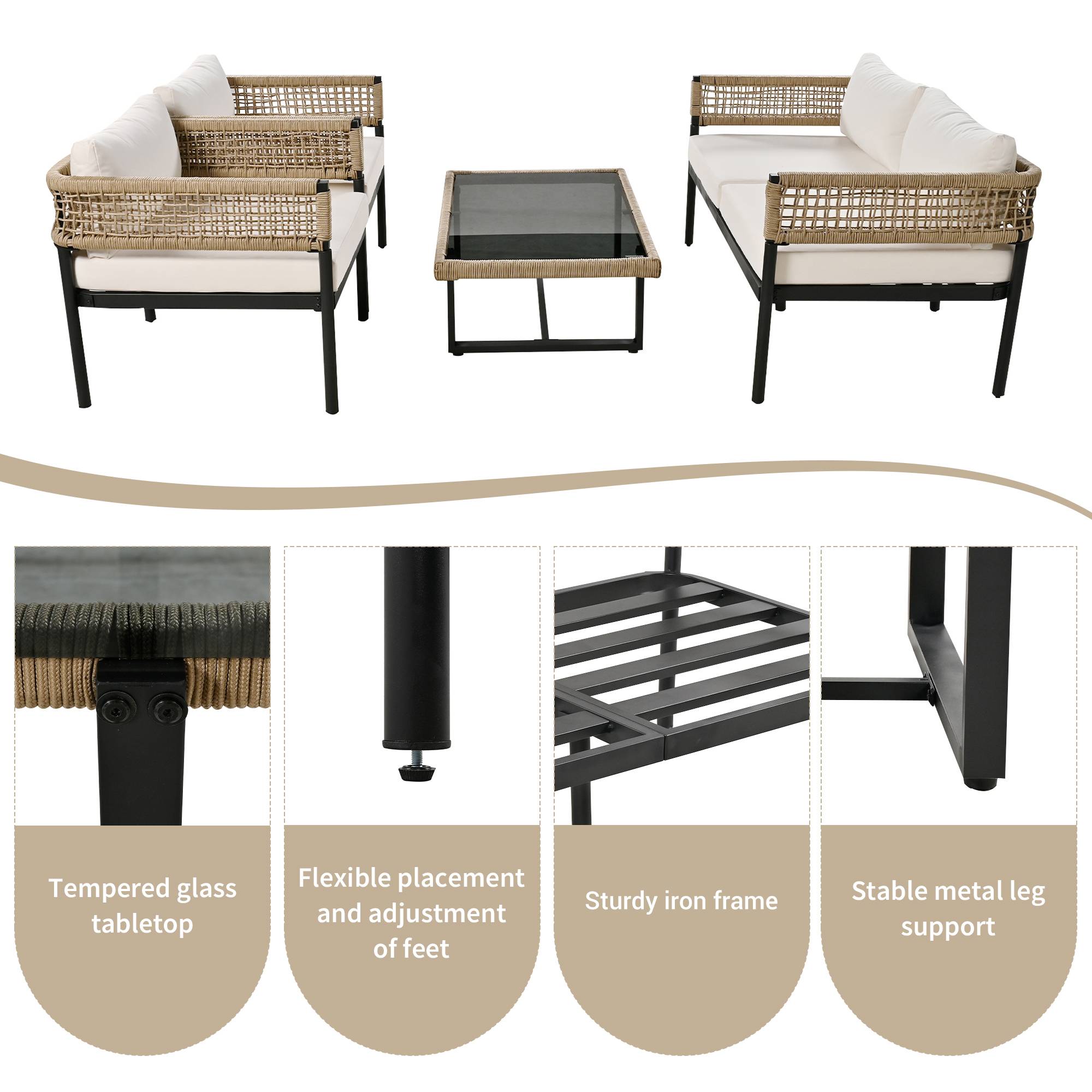 Salon de jardin 4 places corde tissée acier pour terrasse avec coussins déhoussables beige - ComfortXL Outdoor Living - Image 4
