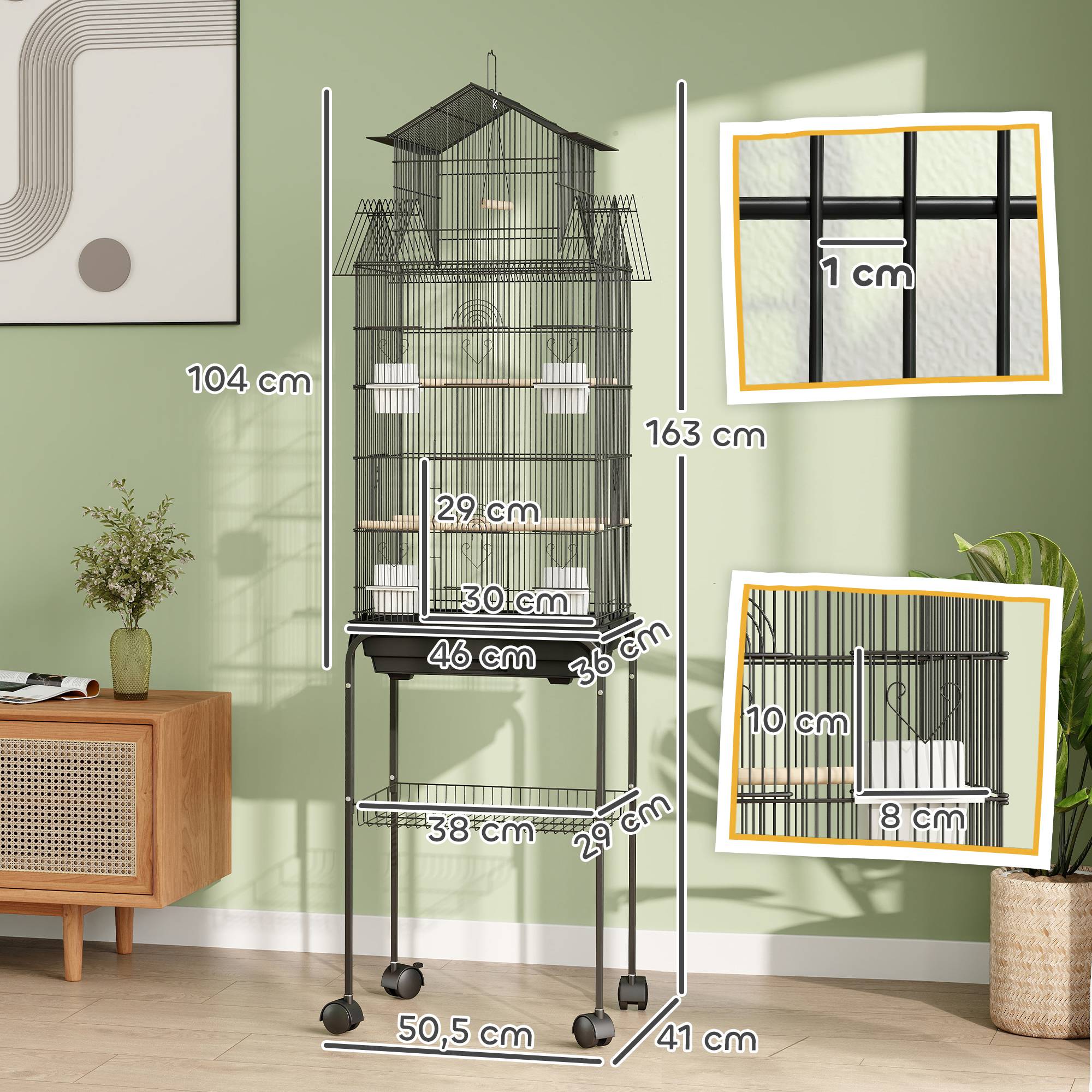 Cage à oiseaux sur pied, volière sur roulettes avec balançoire, support, design maison, 50,5 x 41 x 163 cm en acier noir - Image 5