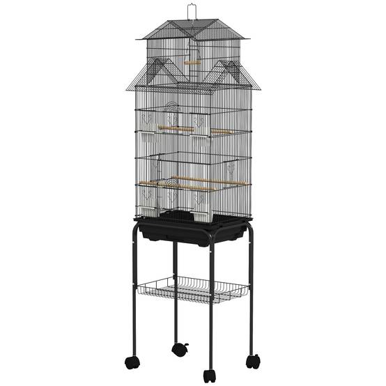 Cage à oiseaux sur pied, volière sur roulettes avec balançoire, support, design maison, 50,5 x 41 x 163 cm en acier noir - Image 2
