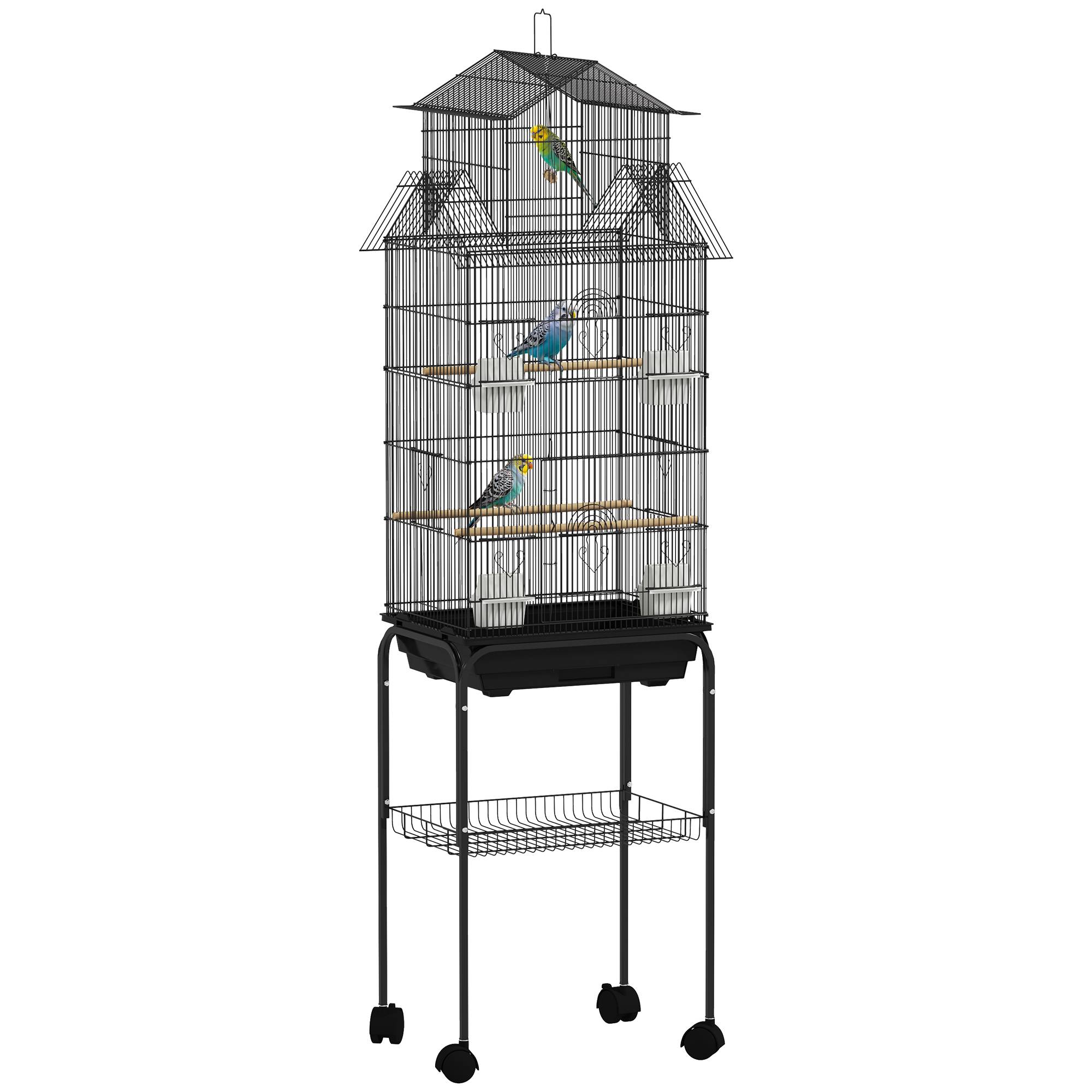 Cage à oiseaux sur pied, volière sur roulettes avec balançoire, support, design maison, 50,5 x 41 x 163 cm en acier noir