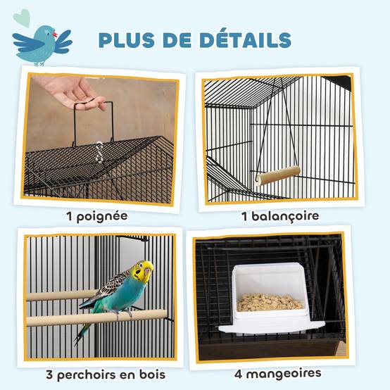 Cage à oiseaux sur pied, volière sur roulettes avec balançoire, support, design maison, 50,5 x 41 x 163 cm en acier noir - Image 6