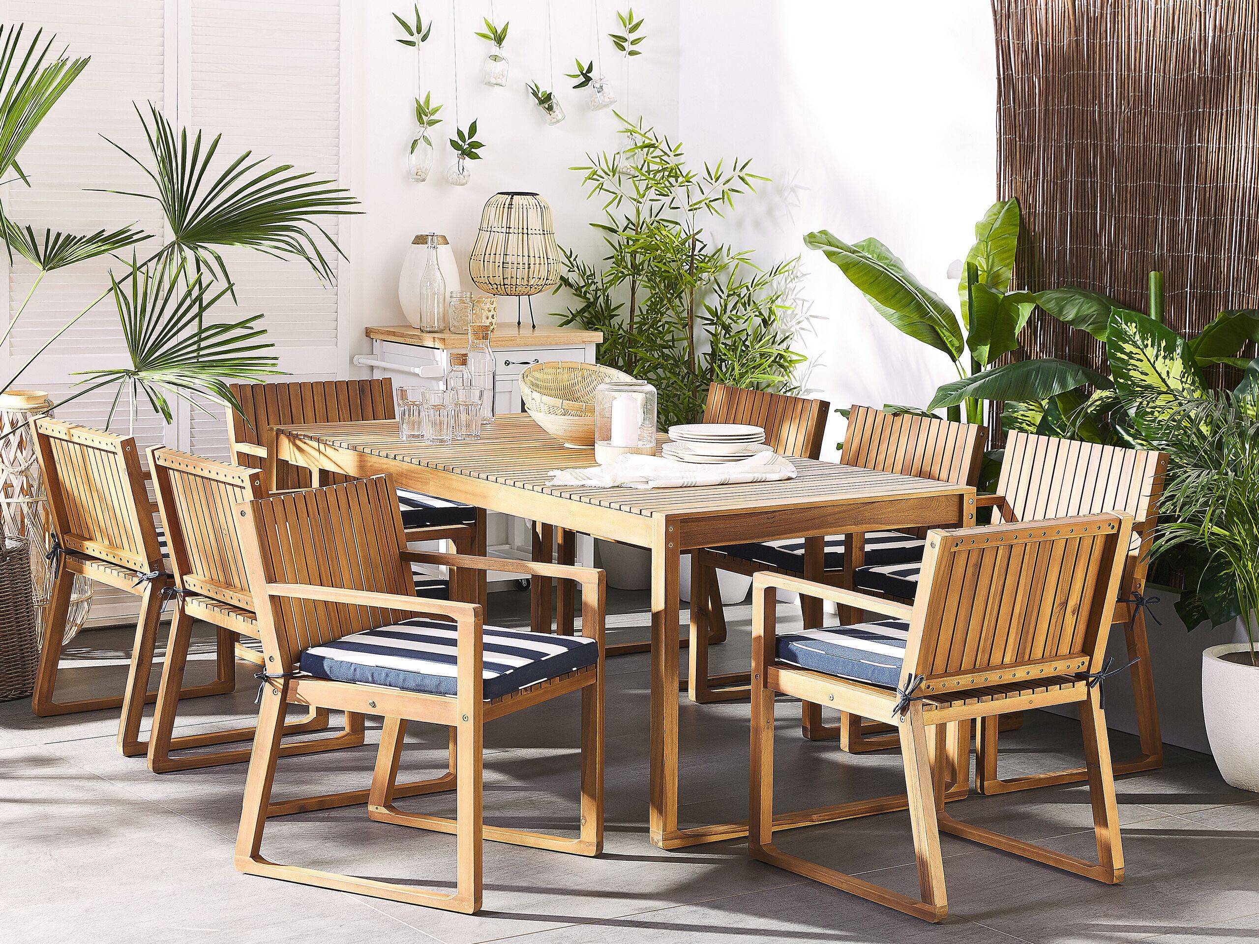 Beliani - Ensemble de Jardin Table 180 x 90 cm et de 8 Chaises en Bois d'Accacia avec Coussins d'Assise à Rayures Bleu Foncé Beliani - Imagen 2
