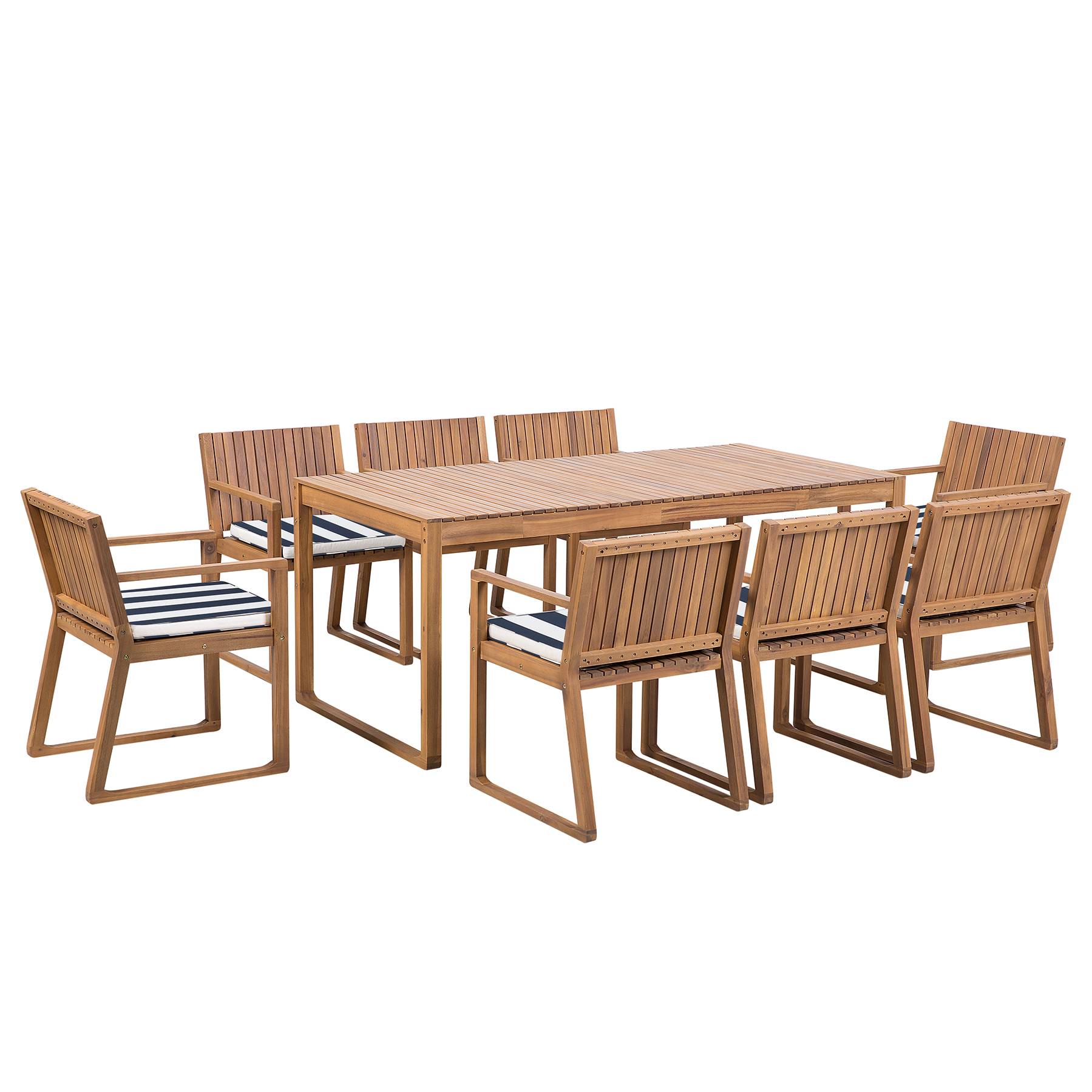 Beliani - Ensemble de Jardin Table 180 x 90 cm et de 8 Chaises en Bois d'Accacia avec Coussins d'Assise à Rayures Bleu Foncé Beliani - Imagen 1