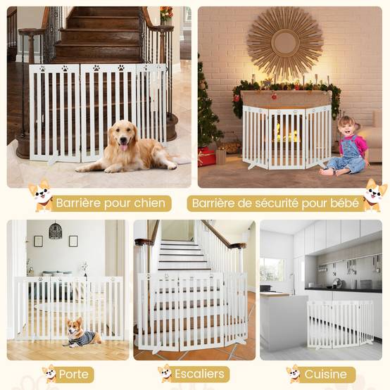 Maison Chic - Barrière Autoportante pour Chien 3 Panneaux en Bois Charnières Métalliques à 360° sans Perçage pour Maison Escaliers Blanc - Image 9