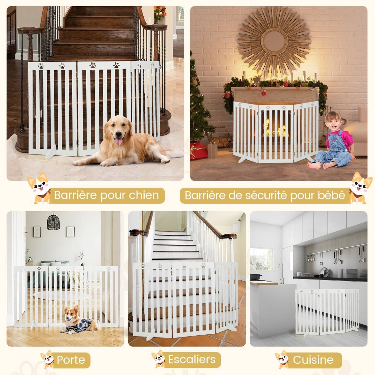 Barrière Autoportante pour Chien 3 Panneaux en Bois Charnières Métalliques à 360° sans Perçage pour Maison Escaliers Blanc - Image 9