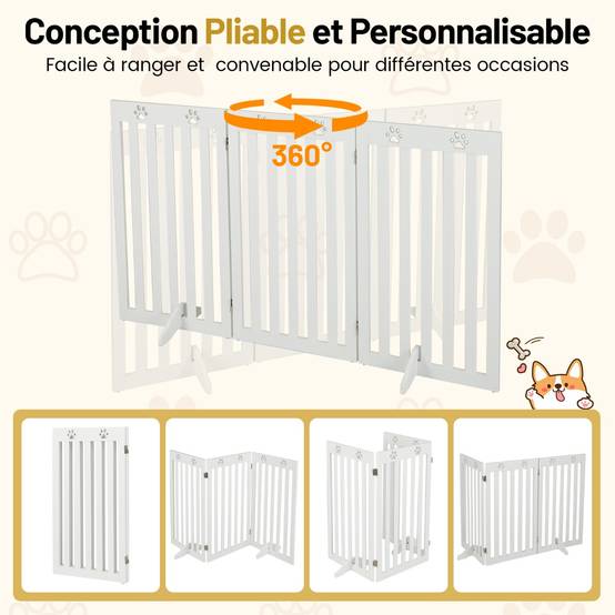 Maison Chic - Barrière Autoportante pour Chien 3 Panneaux en Bois Charnières Métalliques à 360° sans Perçage pour Maison Escaliers Blanc - Image 7