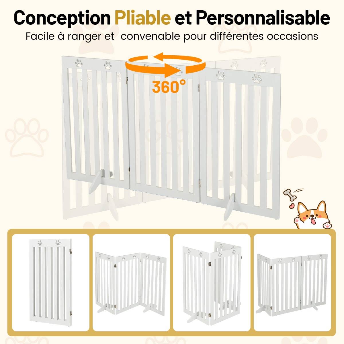 Barrière Autoportante pour Chien 3 Panneaux en Bois Charnières Métalliques à 360° sans Perçage pour Maison Escaliers Blanc - Image 7