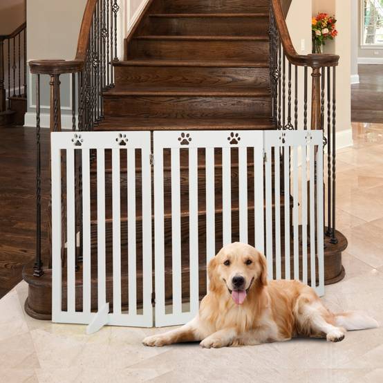 Maison Chic - Barrière Autoportante pour Chien 3 Panneaux en Bois Charnières Métalliques à 360° sans Perçage pour Maison Escaliers Blanc - Image 2