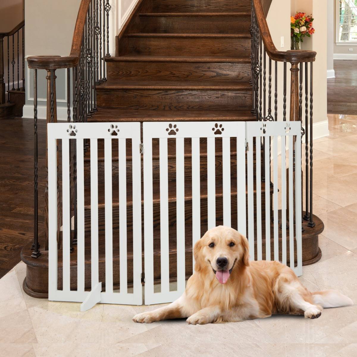 Barrière Autoportante pour Chien 3 Panneaux en Bois Charnières Métalliques à 360° sans Perçage pour Maison Escaliers Blanc - Image 2