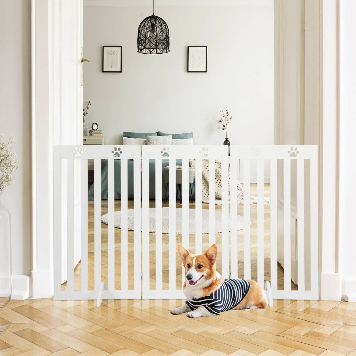 Barrière Autoportante pour Chien 3 Panneaux en Bois Charnières Métalliques à 360° sans Perçage pour Maison Escaliers Blanc - Image 3
