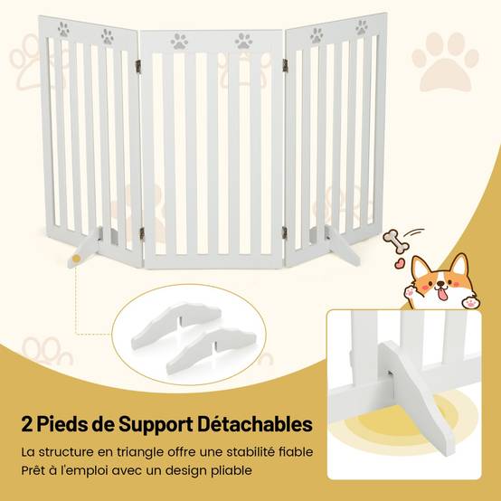 Maison Chic - Barrière Autoportante pour Chien 3 Panneaux en Bois Charnières Métalliques à 360° sans Perçage pour Maison Escaliers Blanc - Image 8
