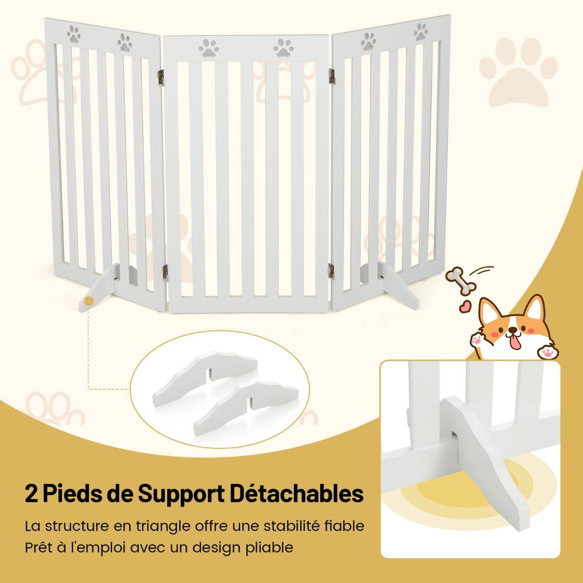 Barrière Autoportante pour Chien 3 Panneaux en Bois Charnières Métalliques à 360° sans Perçage pour Maison Escaliers Blanc - Image 8