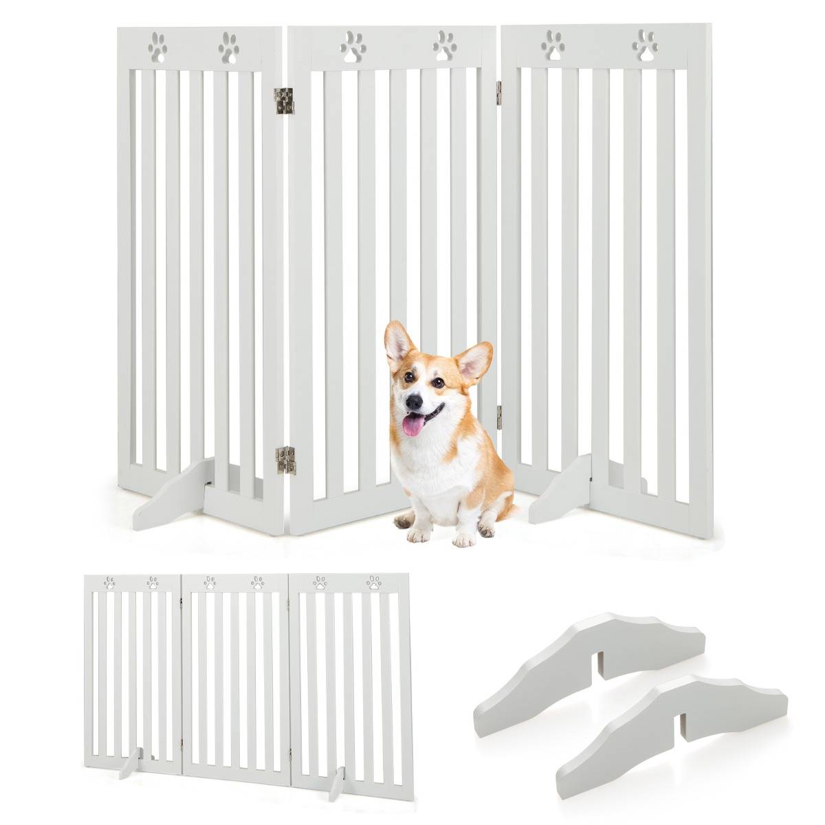 Barrière Autoportante pour Chien 3 Panneaux en Bois Charnières Métalliques à 360° sans Perçage pour Maison Escaliers Blanc - Image 1