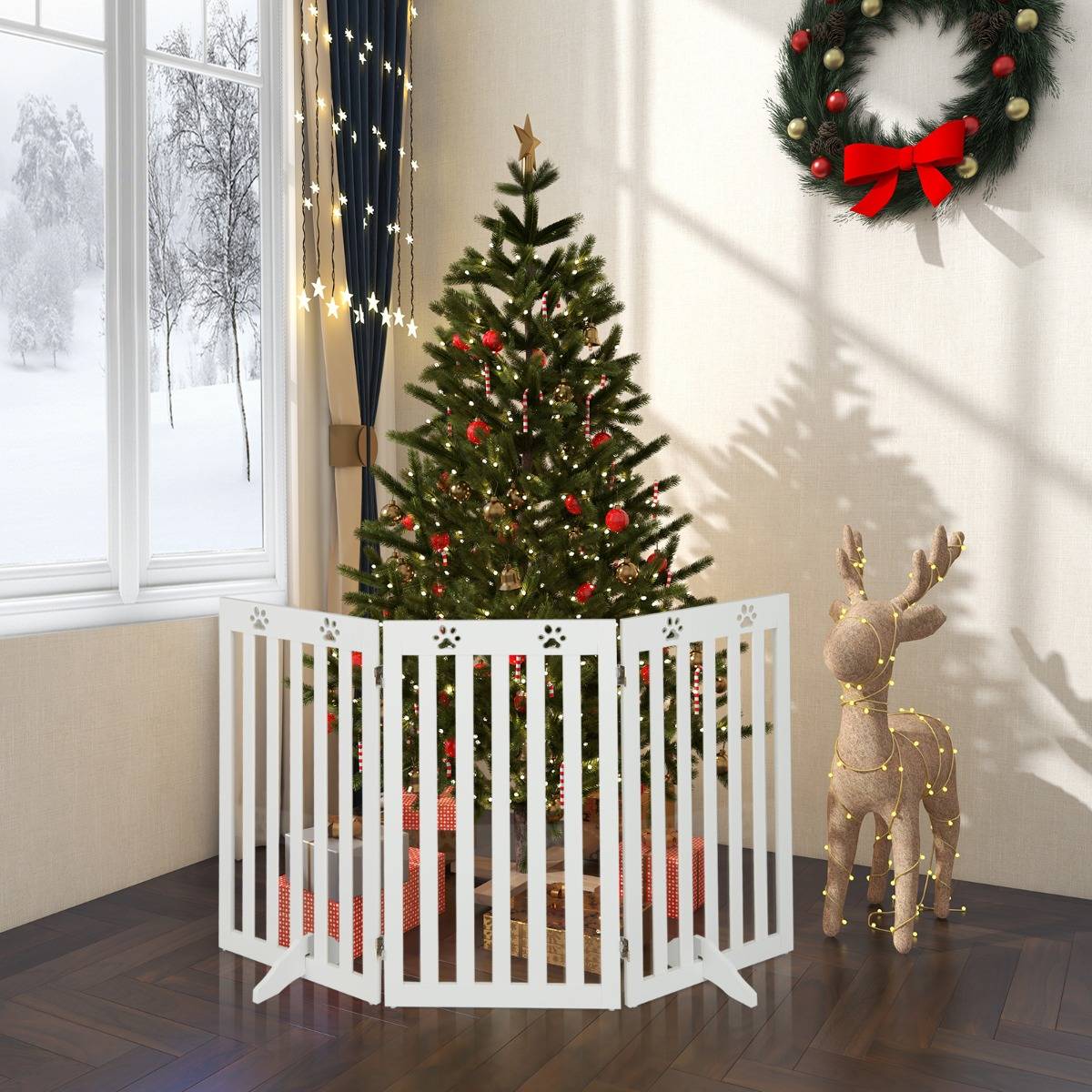 Barrière Autoportante pour Chien 3 Panneaux en Bois Charnières Métalliques à 360° sans Perçage pour Maison Escaliers Blanc - Image 4