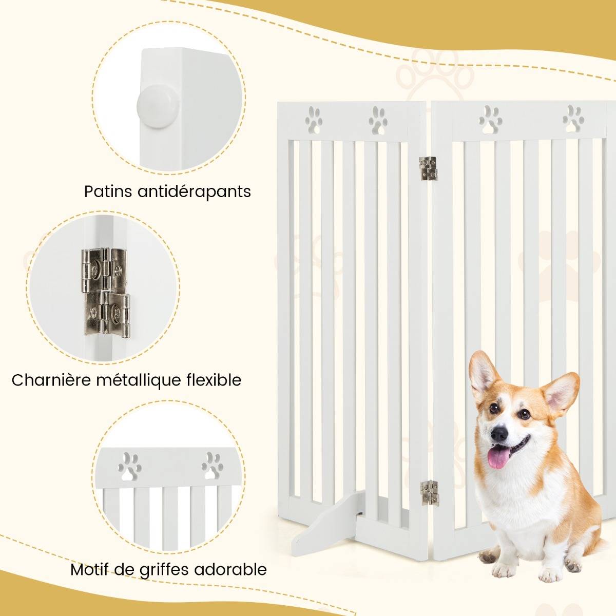 Barrière Autoportante pour Chien 3 Panneaux en Bois Charnières Métalliques à 360° sans Perçage pour Maison Escaliers Blanc - Image 6