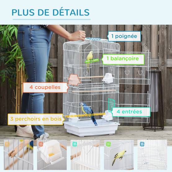 Cage à oiseaux volière avec mangeoires perchoirs plateau excrément amovible cage pour canaris perruches perroquets 46,5 x 35,5 x 92 cm blanc - Image 8