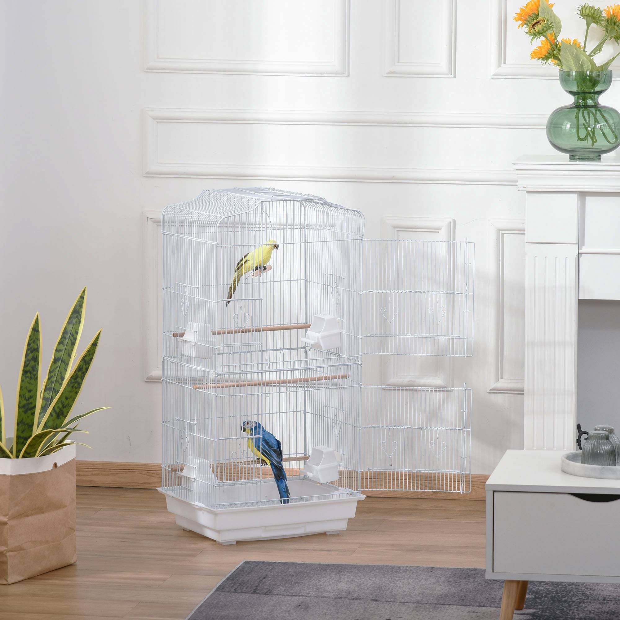 Cage à oiseaux volière avec mangeoires perchoirs plateau excrément amovible cage pour canaris perruches perroquets 46,5 x 35,5 x 92 cm blanc - Image 4